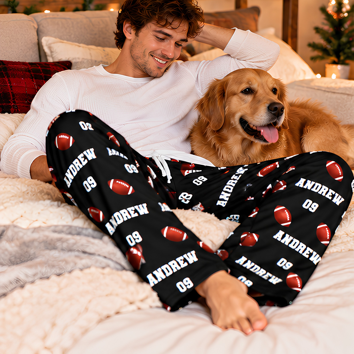 Personalized Football Christmas Pajama Pants, Custom Name & Jersey Number Lounge Pants, Football Player Gift