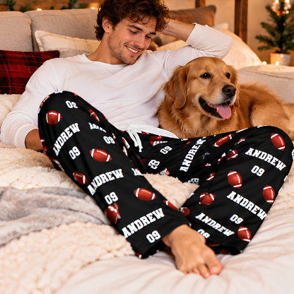 Personalized Football Christmas Pajama Pants, Custom Name & Jersey Number Lounge Pants, Football Player Gift