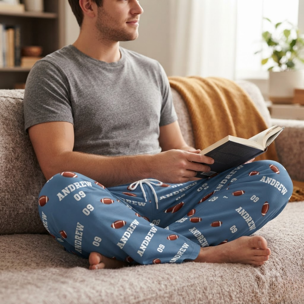 Personalized Football Christmas Pajama Pants, Custom Name & Jersey Number Lounge Pants, Football Player Gift