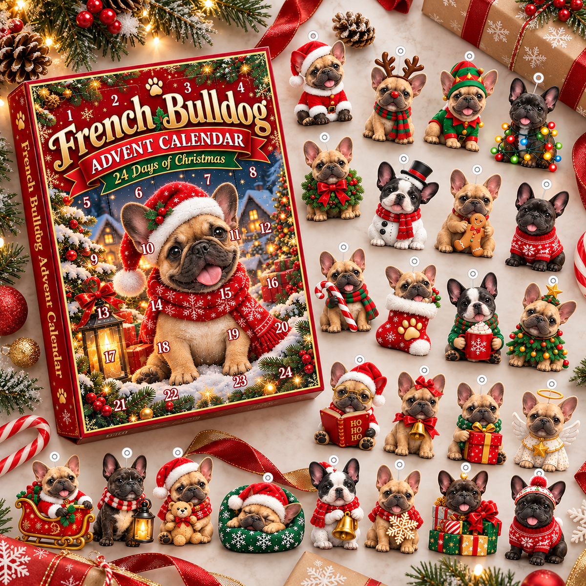 Cute French Bulldog Christmas Advent Calendar, 24 Days Frenchie Holiday Countdown Gift