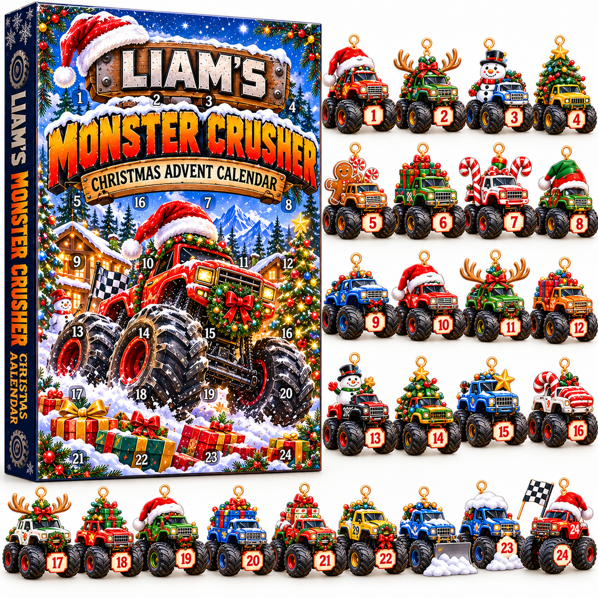 Personalized Monster Crusher Advent Calendar 2026 – 24 Christmas Monster Truck Acrylic Ornaments
