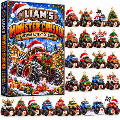 Personalized Monster Crusher Advent Calendar 2026 – 24 Christmas Monster Truck Acrylic Ornaments