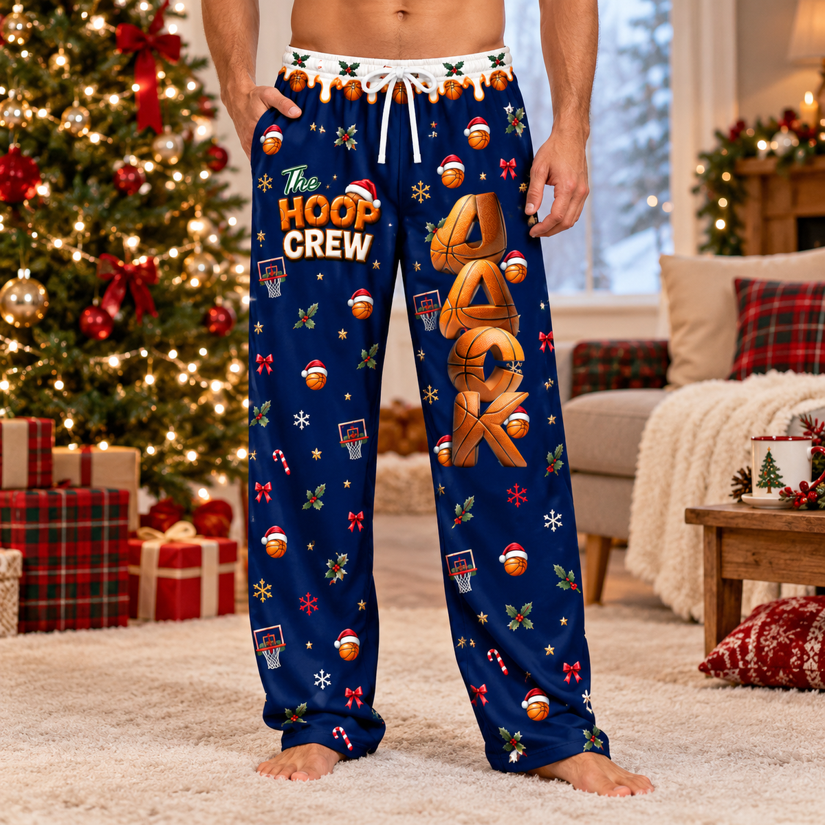 Personalized Basketball Christmas Pajama Pants, Custom Name Matching Christmas PJs