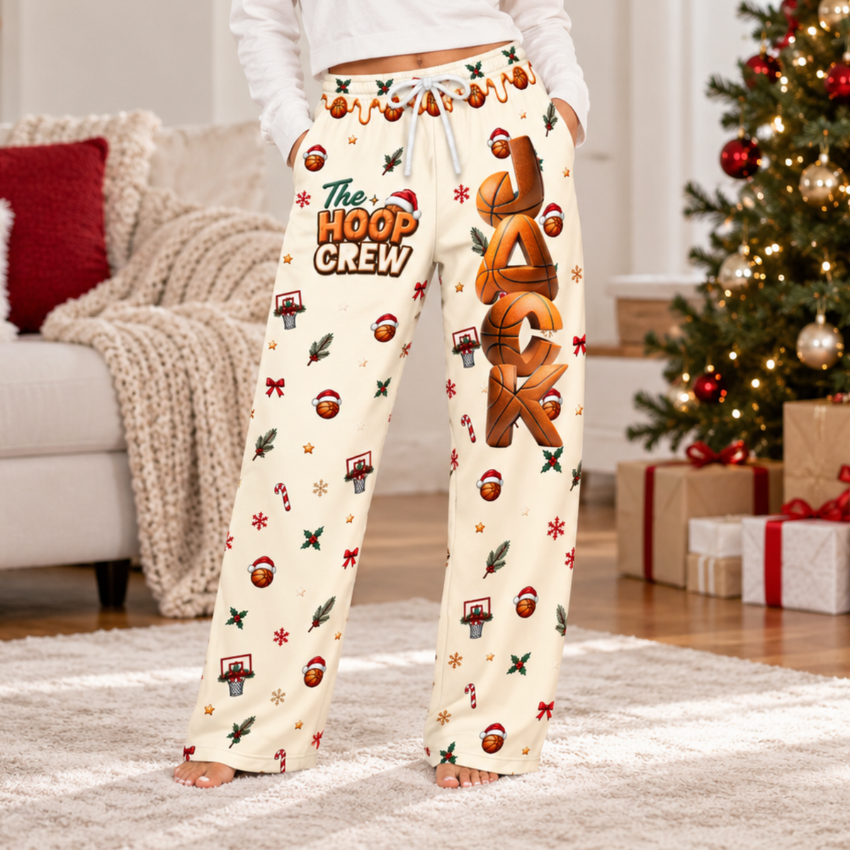 Personalized Basketball Christmas Pajama Pants, Custom Name Matching Christmas PJs