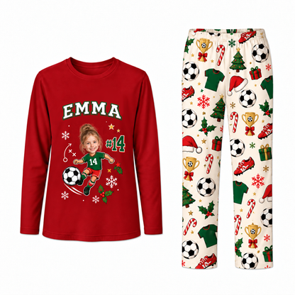 Cute Custom Face Soccer Player Matching Family Christmas Pajamas