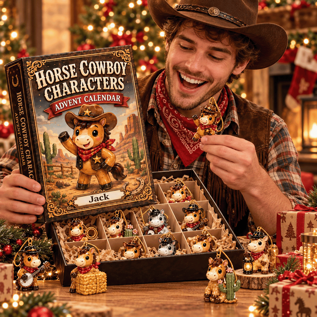 Cute Horse Cowboy Christmas Advent Calendar 2026 – 24 Acrylic Horse Ornaments, Personalized Western Gift