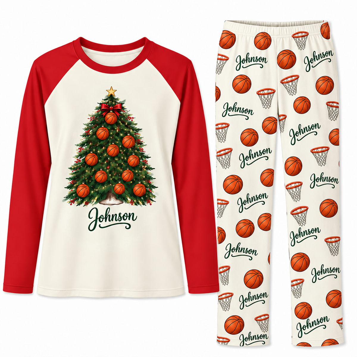 Personalized Name Festive Basketball Christmas Tree Family Pajama Sets