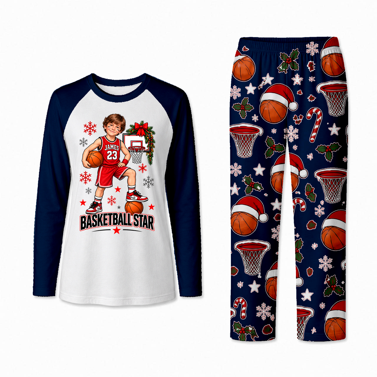 Custom Photo Basketball Star Christmas Matching Family Christmas Pajamas