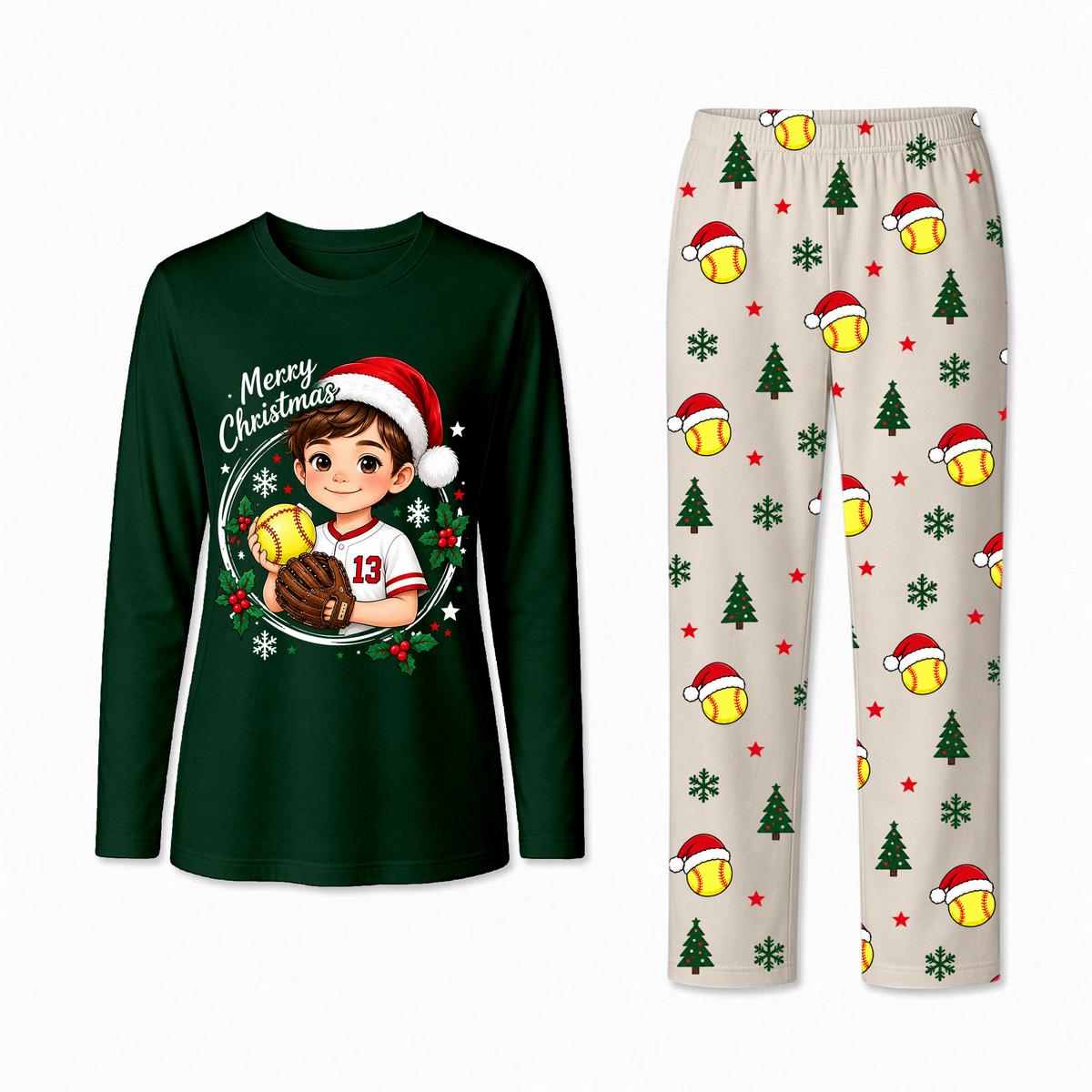 Custom Photo Cute Softball Christmas Player Matching Family Christmas Pajamas