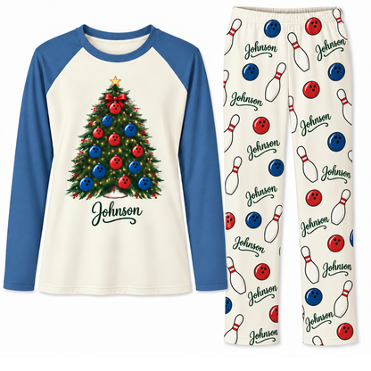 Personalized Name Festive Bowling Christmas Tree Family Pajama Sets