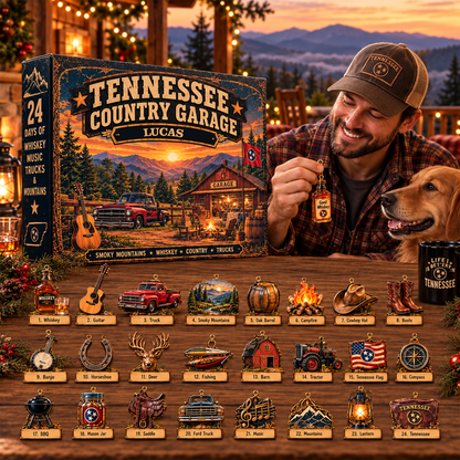 Personalized Tennessee Country Garage Advent Calendar 2026, 24 Acrylic Ornaments, Country Christmas Gift for Men, Truck Lovers & Country Music Fans