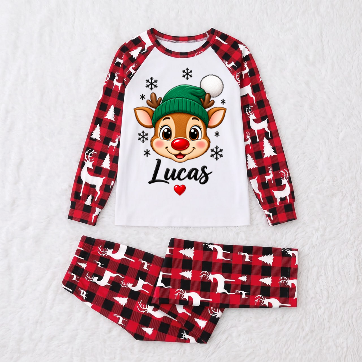 Cute Reindeer Plaid Personalized Family Christmas Pajamas