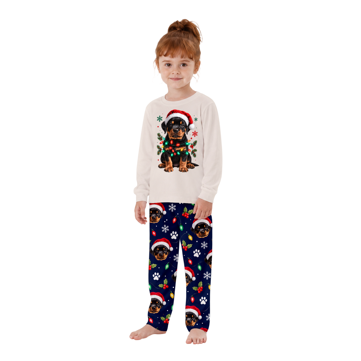 Custom Pet Photo Cute Christmas Lights Rottweiler Matching Family Christmas Pajamas