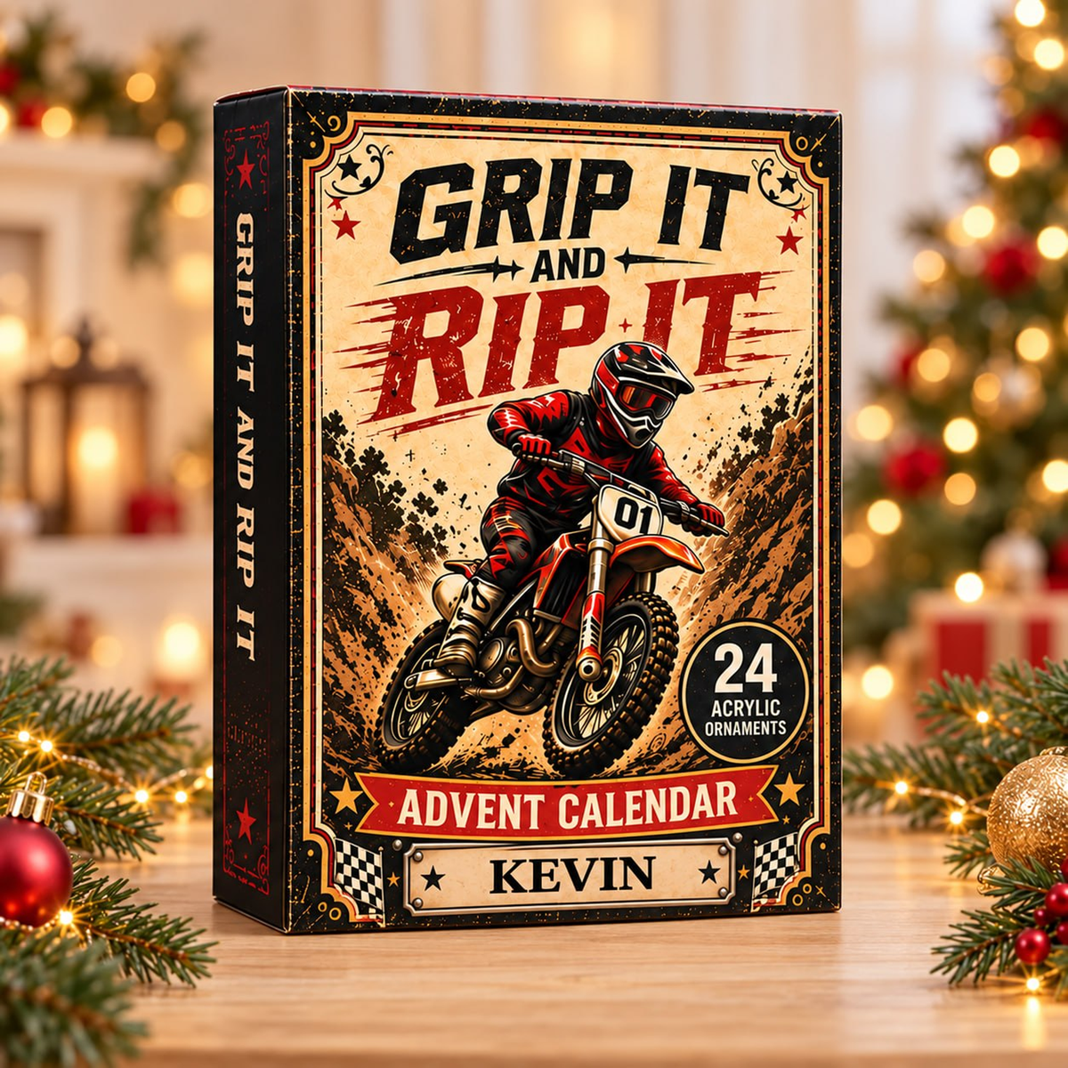 Personalized Motocross Christmas Advent Calendar With Custom Name, 24 Acrylic Ornaments