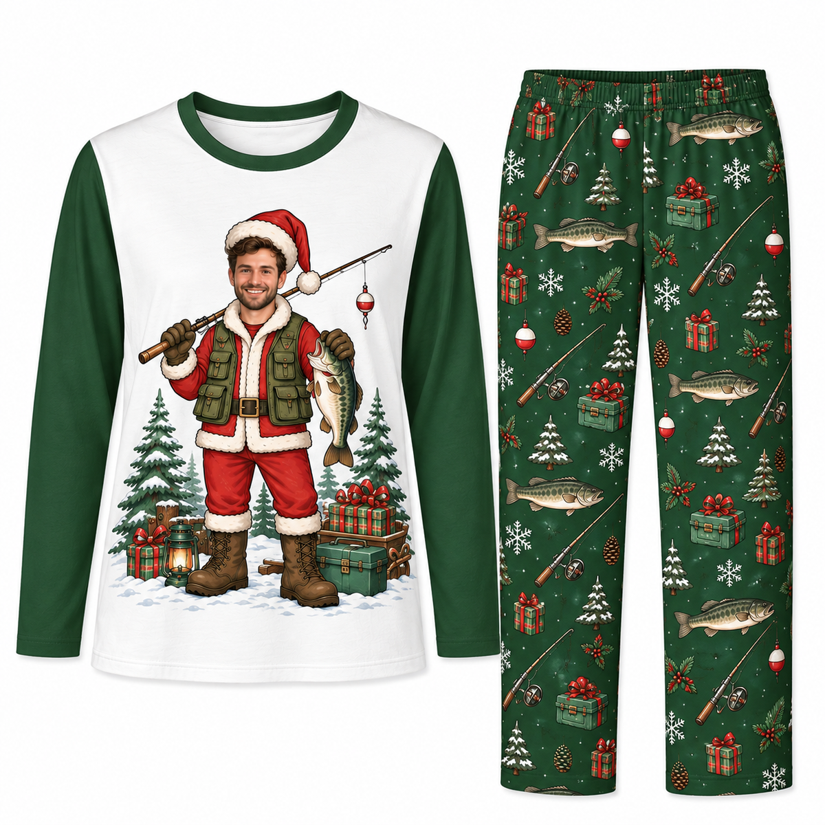Custom Photo Funny Fishing Santa Claus Fisherman Matching Christmas Pajamas
