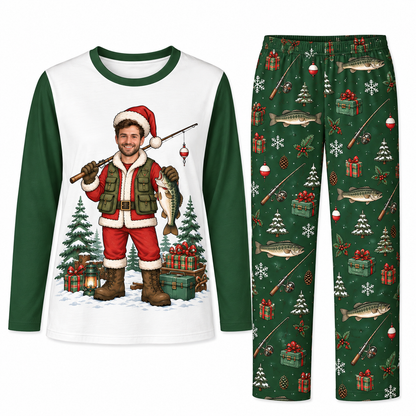 Custom Photo Funny Fishing Santa Claus Fisherman Matching Christmas Pajamas