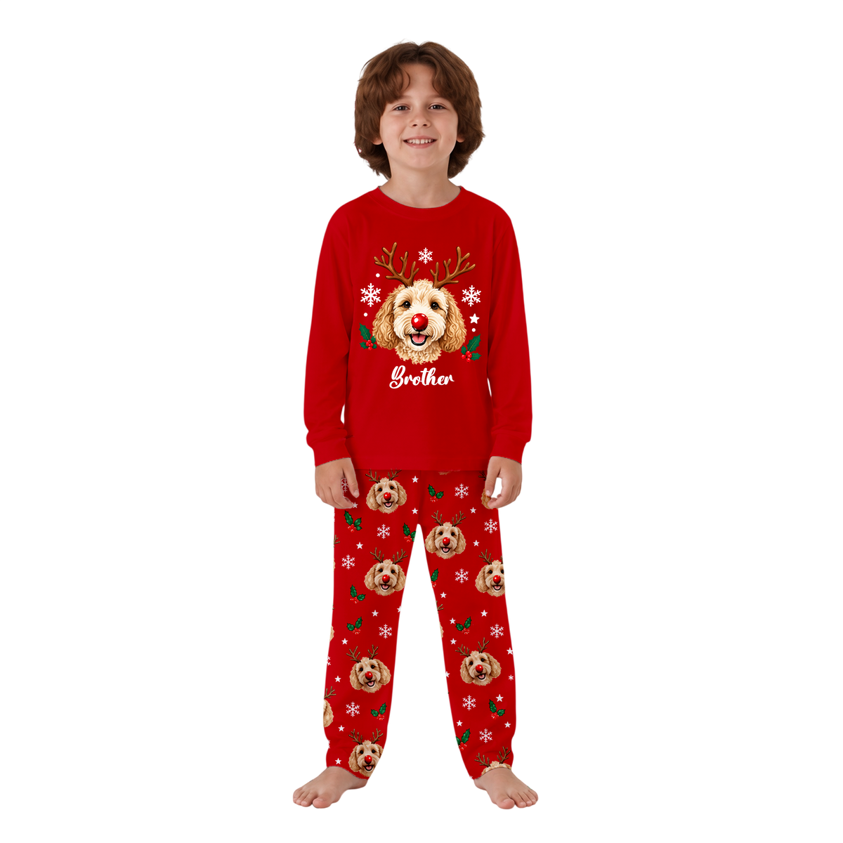 Custom Name Cute Dog Lover Reindeer Matching Family Christmas Pajamas With Pet