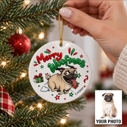 Merry Zoomies Quirky Dog Portrait From Your Custom Pet Photo - Personalized Ceramic Ornament - Funny Christmas Gift For Dog Lover