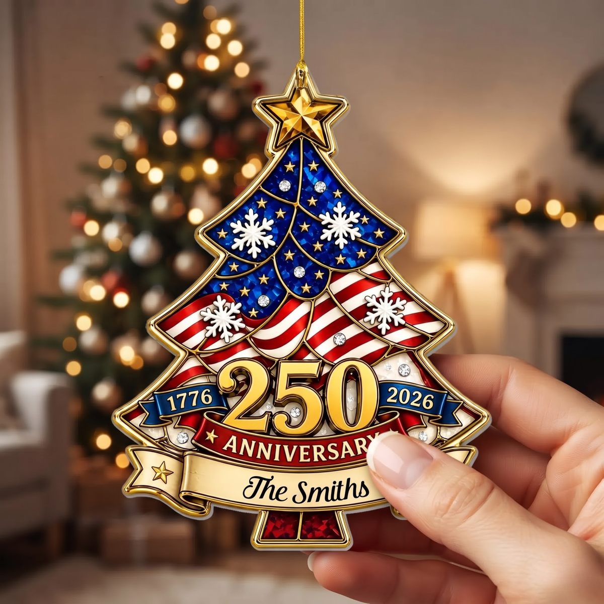 Patriotic 250th Anniversary Personalized Family Christmas Tree Acrylic Ornament