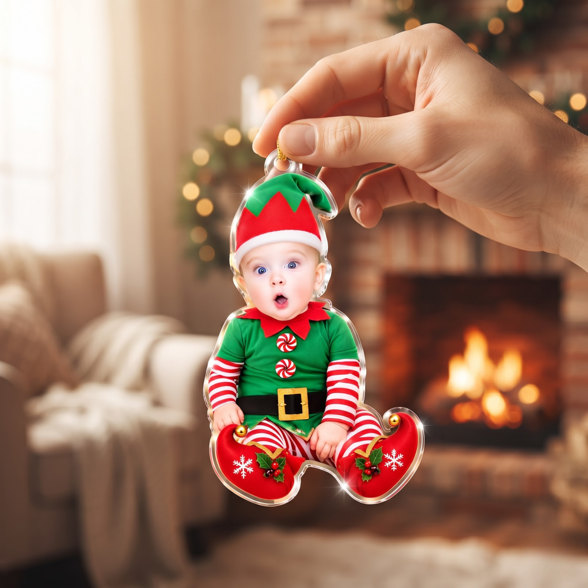 Cute Personalized Baby Elf Photo Christmas Acrylic Ornament