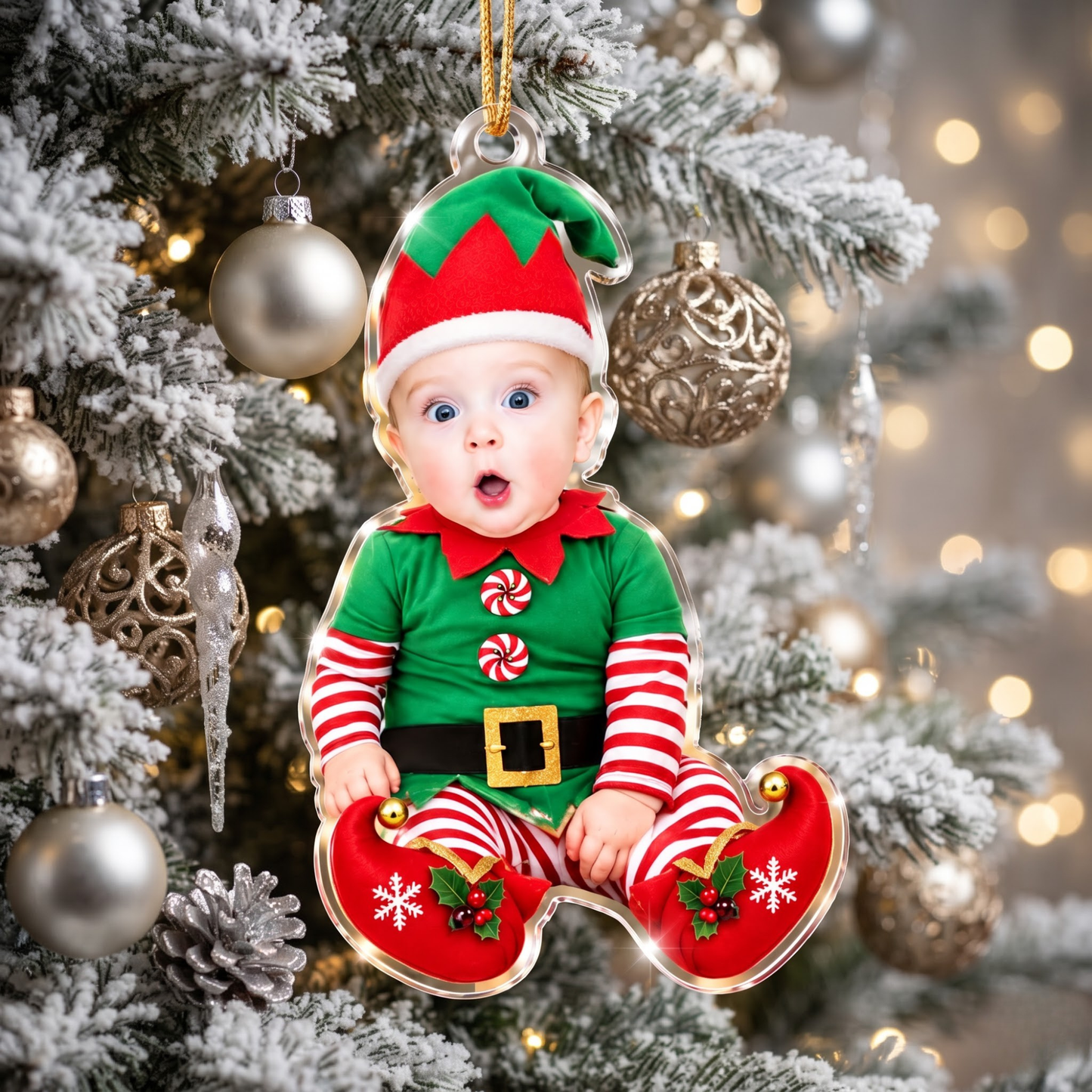 Cute Personalized Baby Elf Photo Christmas Acrylic Ornament