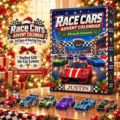 Personalized Race Cars Christmas Advent Calendar 2026 – 24 Acrylic Racing Car Ornaments, Custom Name Gift for Kids
