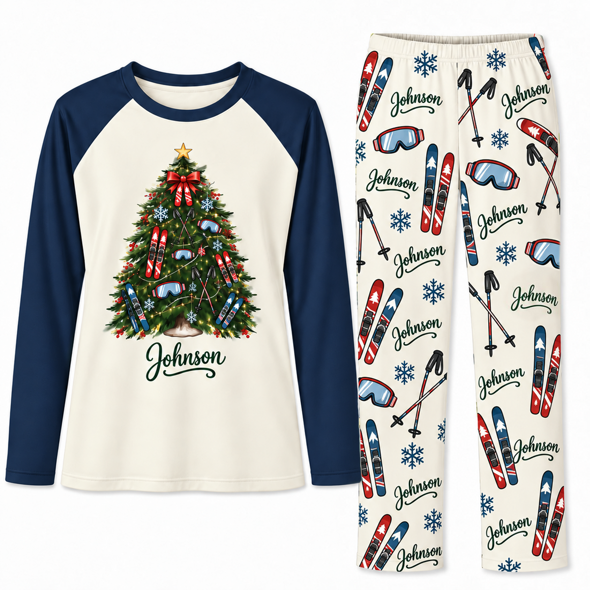 Personalized Family Name Skis & Snowflakes Christmas Tree Matching Pajamas