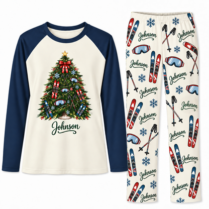Personalized Family Name Skis & Snowflakes Christmas Tree Matching Pajamas