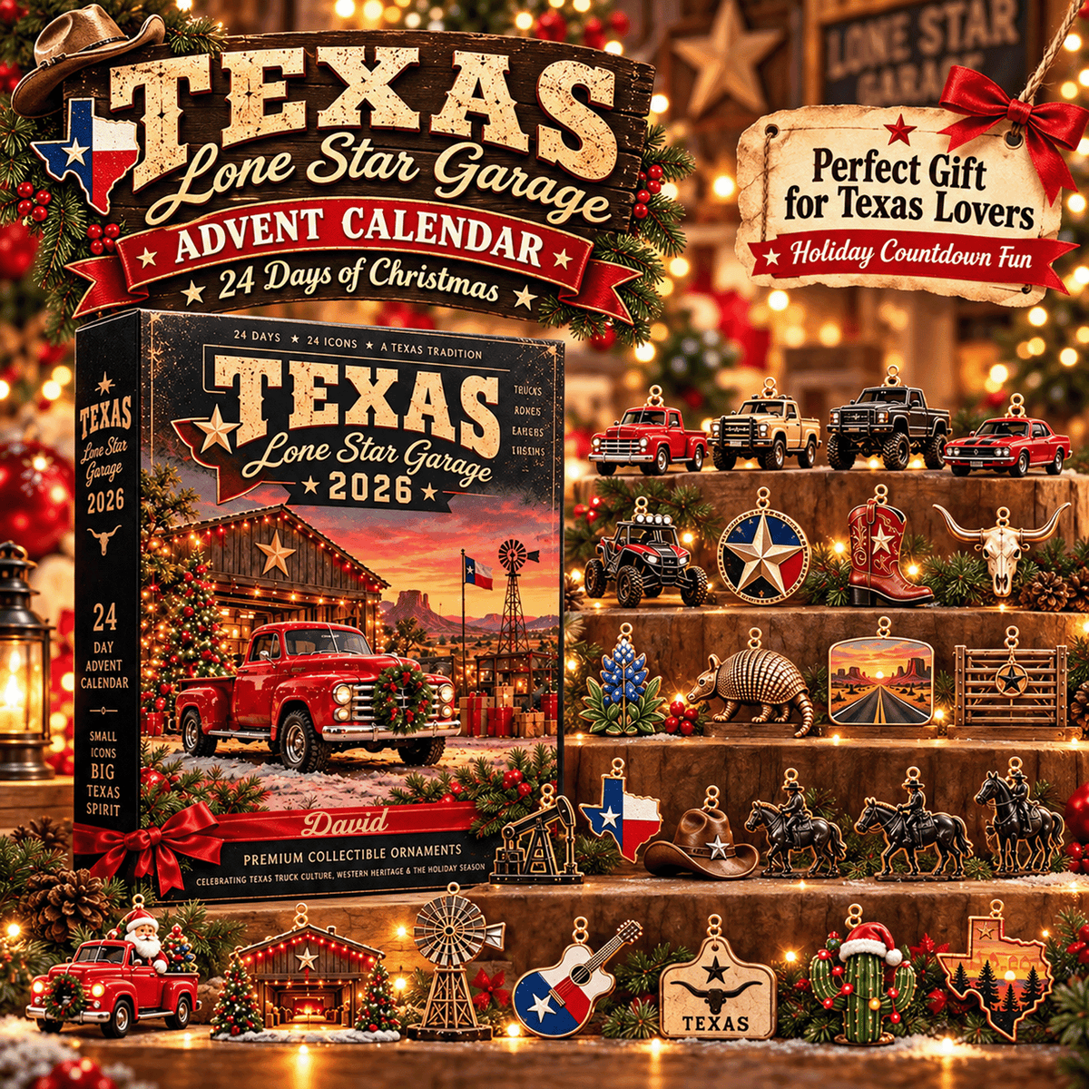 Personalized Texas Lone Star Garage Advent Calendar With Custom Name, 24 Texas Christmas Ornaments