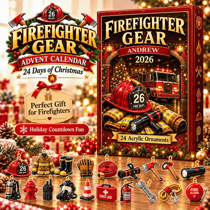Personalized Firefighter Gear Christmas Advent Calendar 2026 – 24 Firefighter Acrylic Ornaments, Custom Name Firefighter Gift