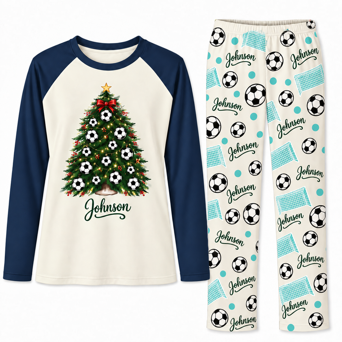 Custom Name Soccer Christmas Tree Matching Pajama Sets