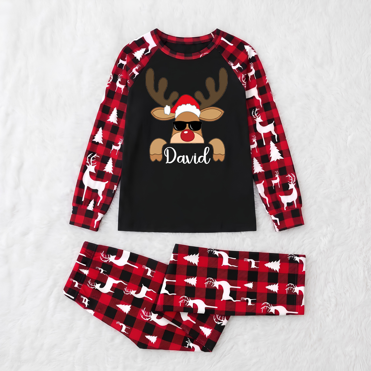 Cute Personalized Reindeer Buffalo Plaid Family Christmas Pajamas With Pet