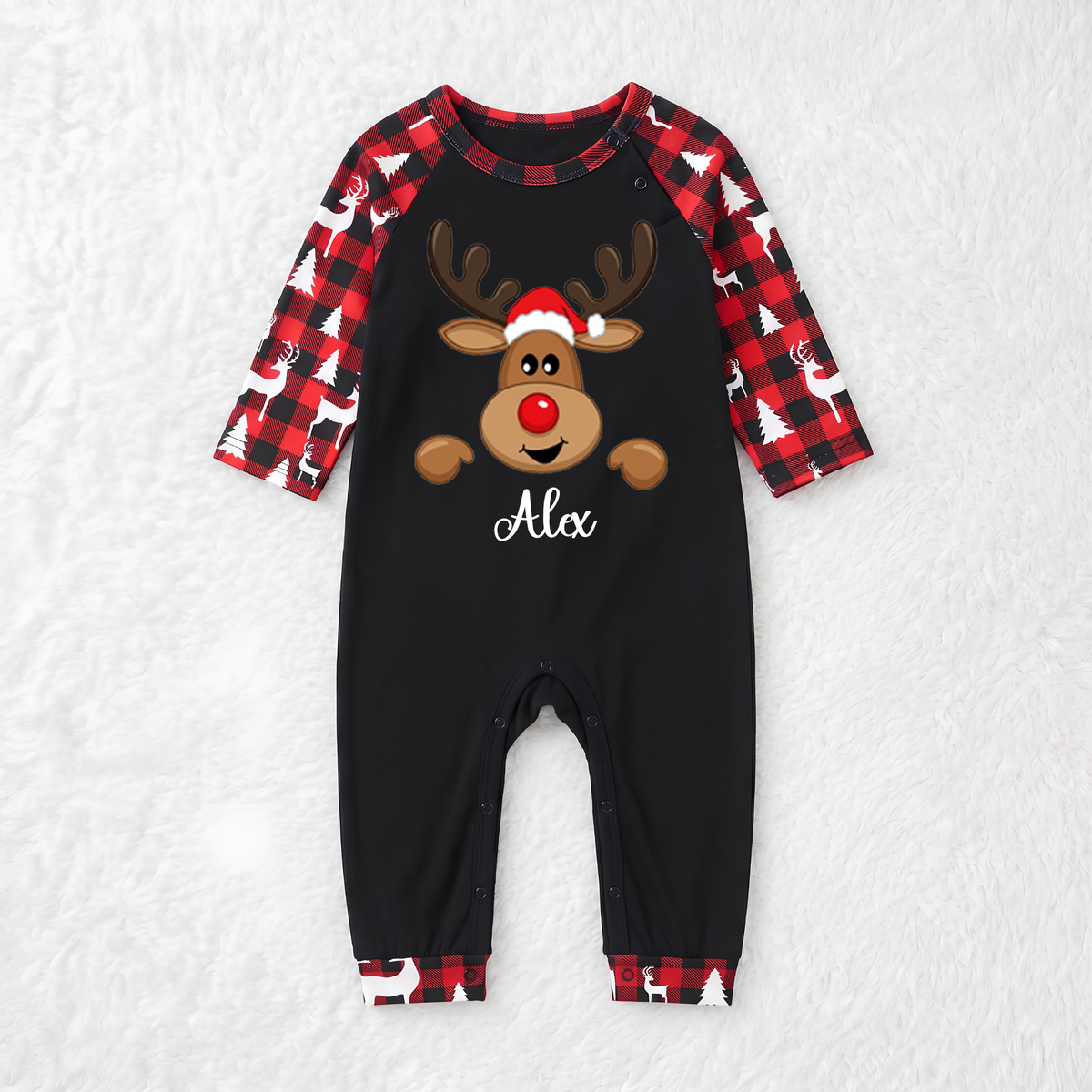 Cute Personalized Reindeer Buffalo Plaid Family Christmas Pajamas With Pet