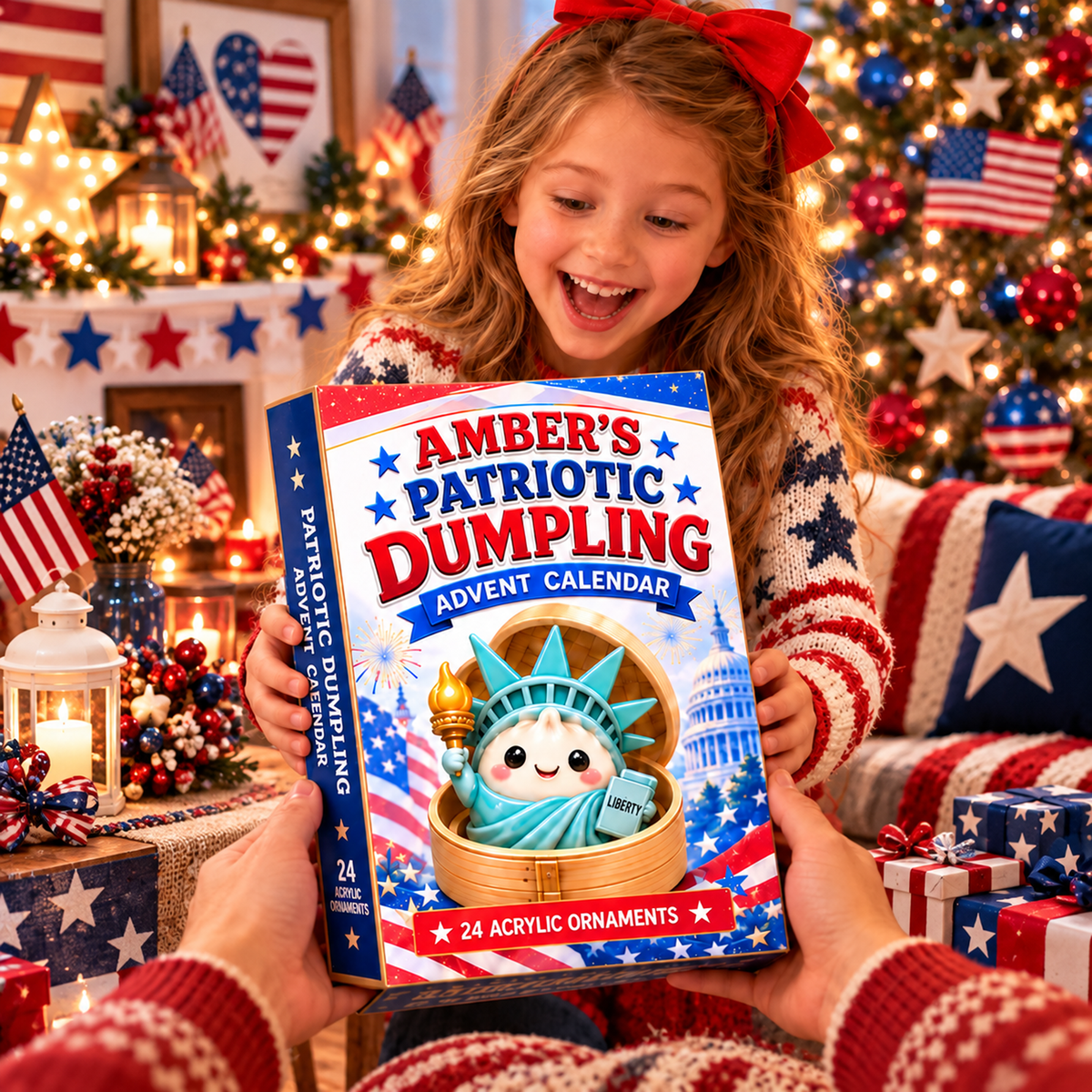 Personalized Patriotic Dumpling Advent Calendar With Custom Name, 24 Acrylic Christmas Ornaments
