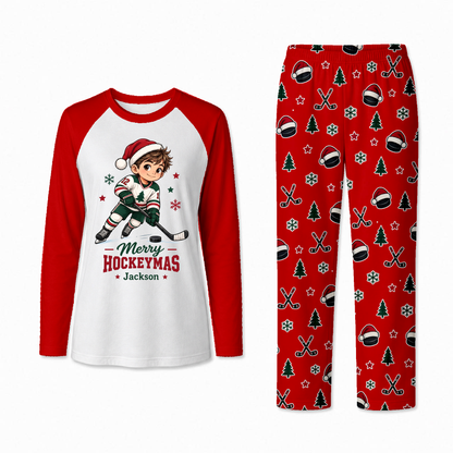 Cute Merry Hockeymas Custom Name Family Christmas Pajamas