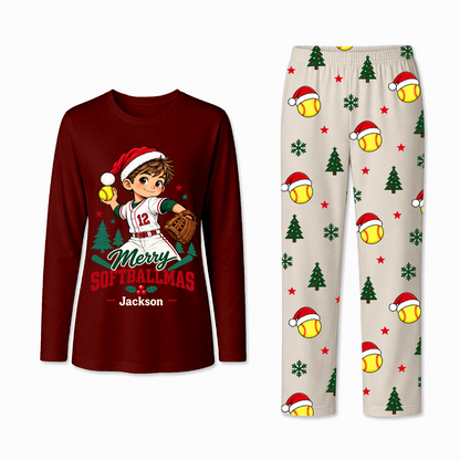 Custom Photo Cute Softball Christmas Player Matching Family Christmas Pajamas