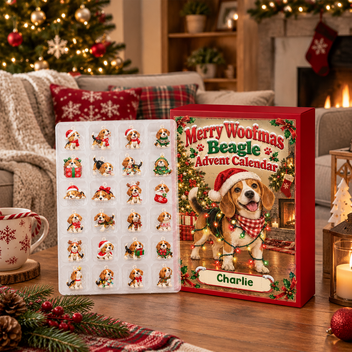 Cute Beagle Christmas Advent Calendar – Personalized Custom Name 24-Day Dog Ornaments Gift
