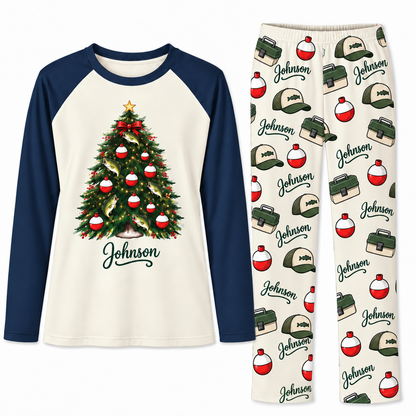 Custom Name Cute Fishing Christmas Tree Pajama Sets