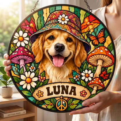 Personalized Hippie Pet Portrait Stained Glass Suncatcher – Custom Pet Name, Groovy Flower Power Peace Window Hanging Gift