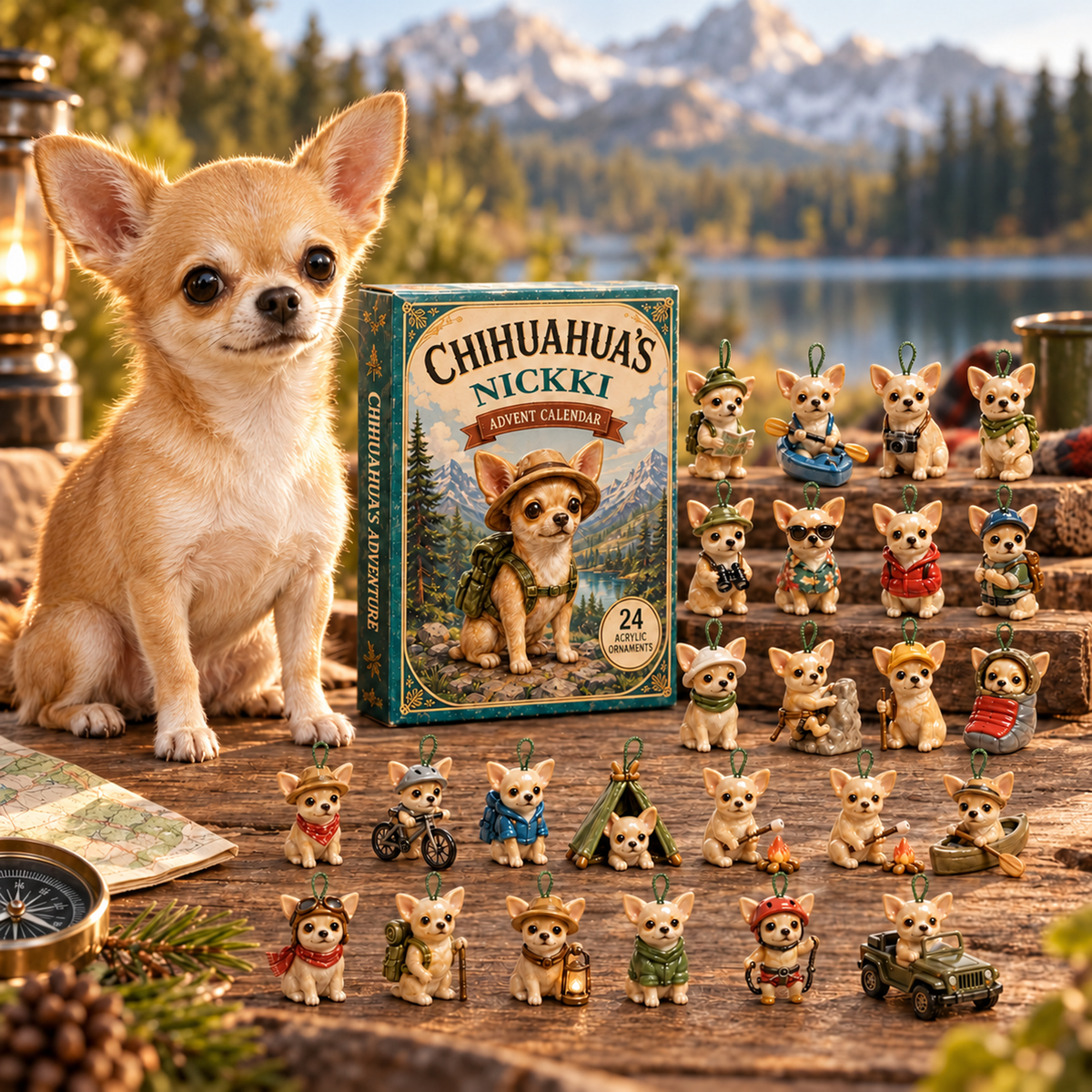 Personalized Chihuahua Adventure Advent Calendar With Custom Name, 24 Acrylic Dog Ornaments