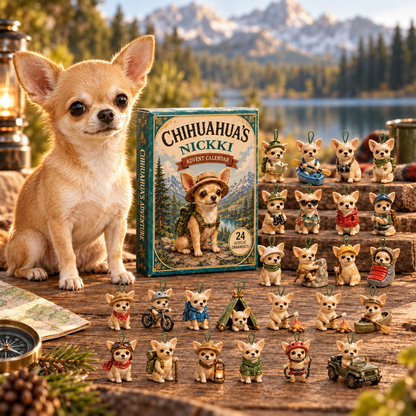 Personalized Chihuahua Adventure Advent Calendar With Custom Name, 24 Acrylic Dog Ornaments
