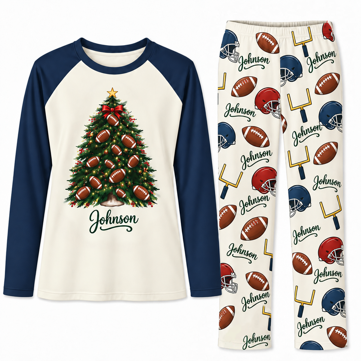 Custom Name American Football Christmas Tree Matching Pajama Sets
