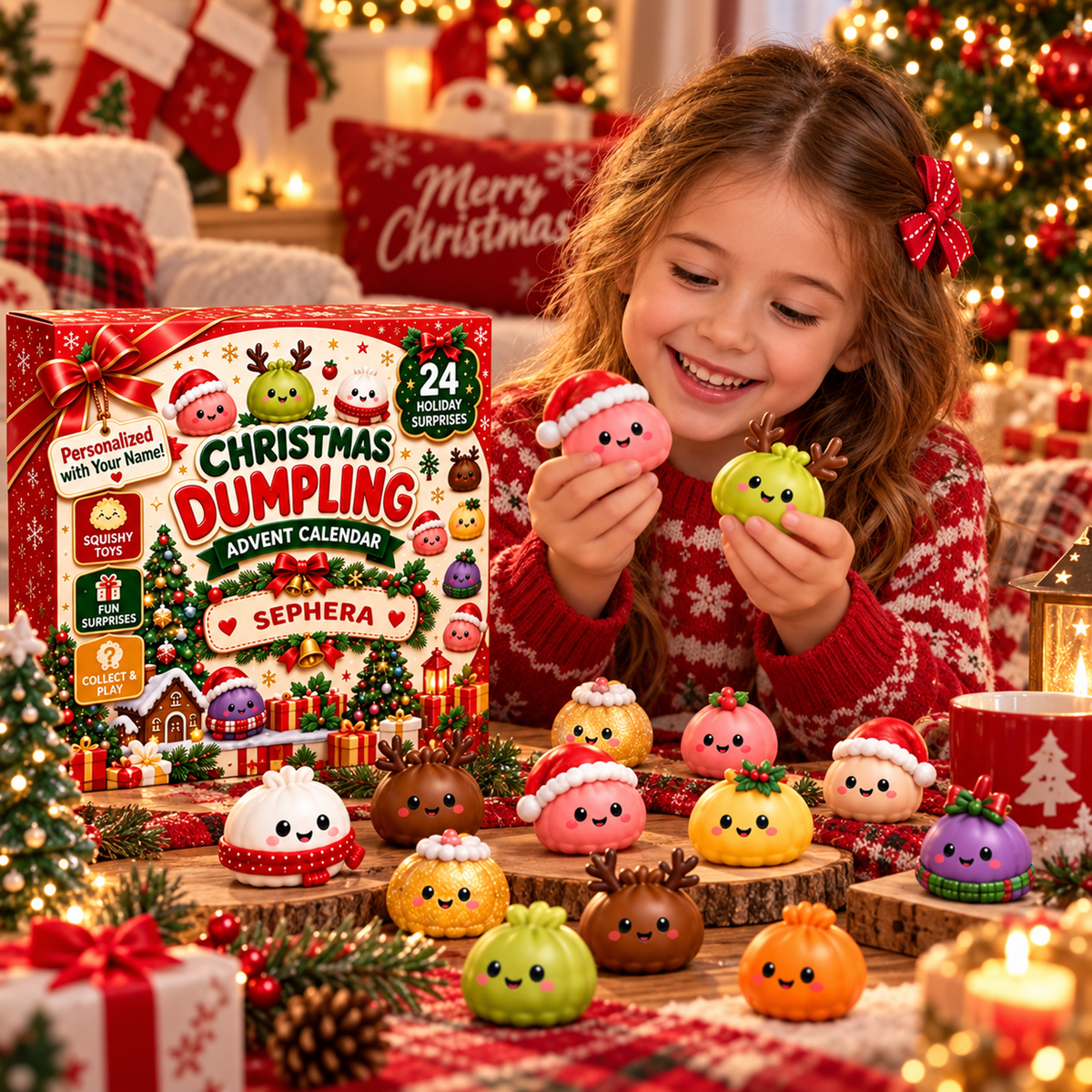 Personalized Christmas Dumpling Advent Calendar – Custom Name 24-Day Holiday Surprise Countdown Gift for Kids & Squishy Lovers