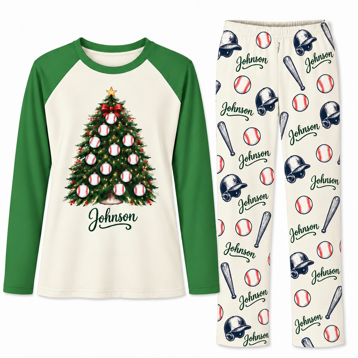 Personalized Name Festive Baseball Christmas Tree Matching Family Christmas Pajamas