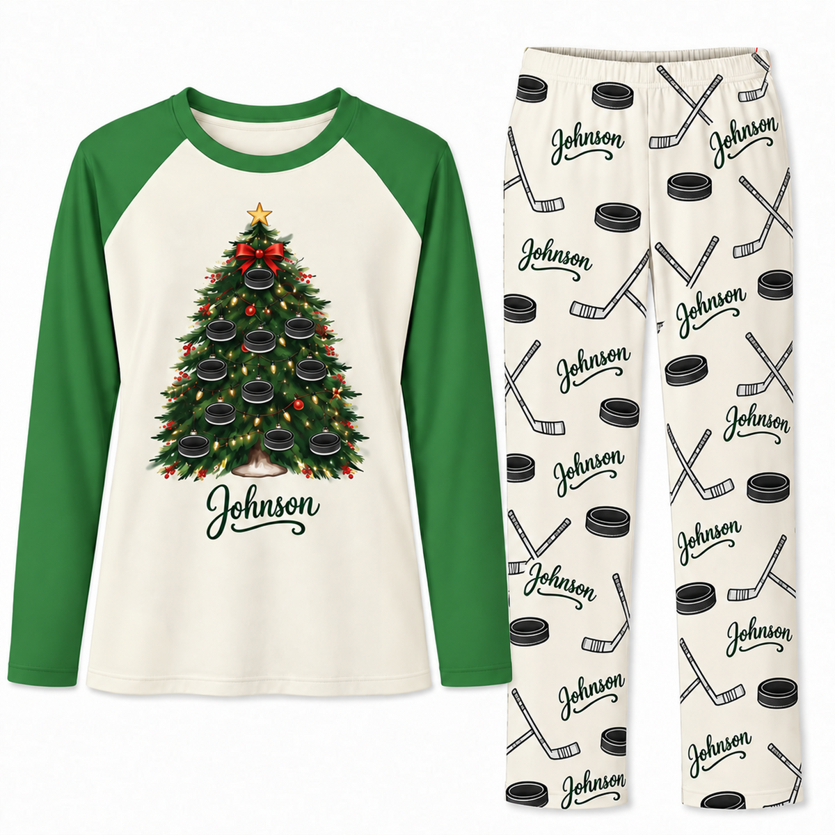 Custom Name Ice Hockey Christmas Tree Matching Pajama Sets