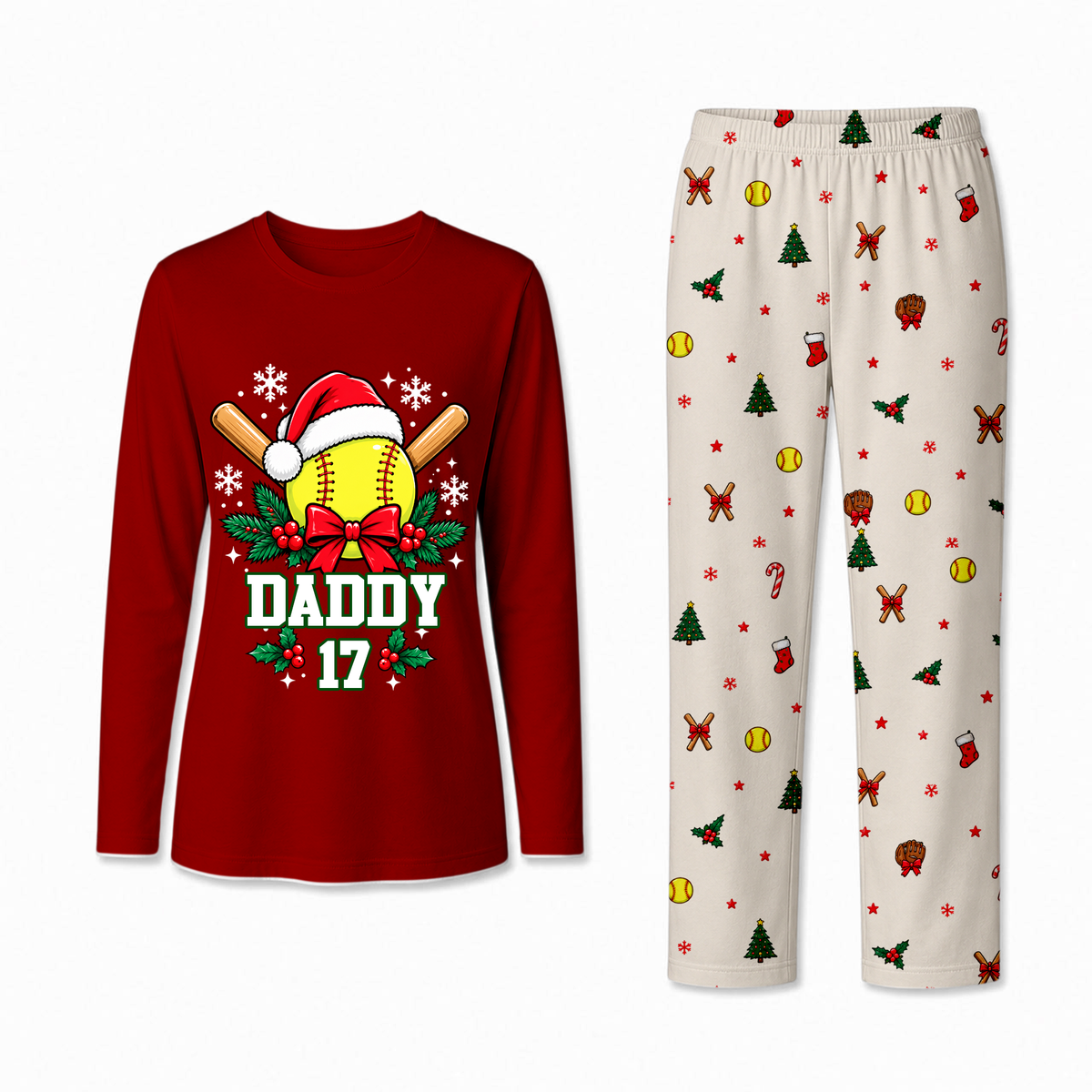 Personalized Softball Christmas Pajamas Custom Name and Number Family Matching Holiday Pajama