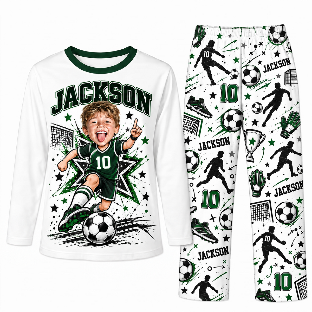 Custom Photo Name & Number Cute Soccer Player Matching Family Pajamas