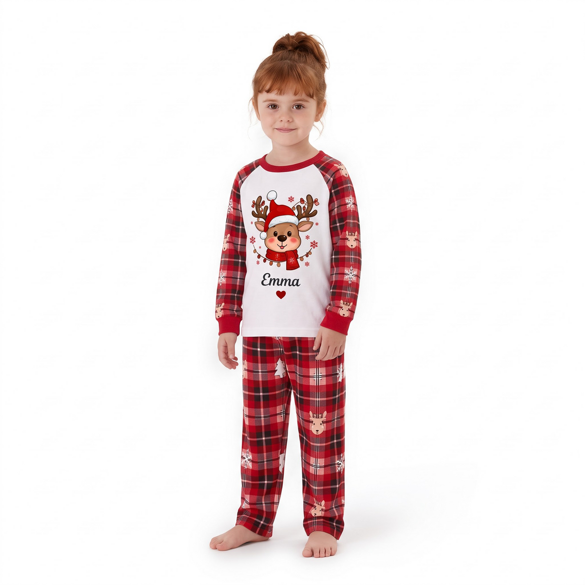 Cute Personalized Reindeer Santa Plaid Family Christmas Pajamas With Pet