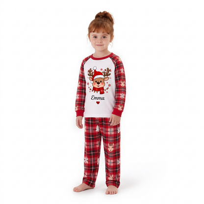 Cute Personalized Reindeer Santa Plaid Family Christmas Pajamas With Pet
