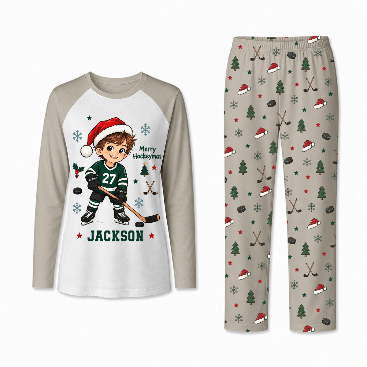 Personalized Hockey Christmas Pajamas Custom Name and Number Family Matching Holiday Pajama
